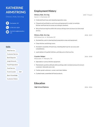 Dietary Aide, Serving Resume