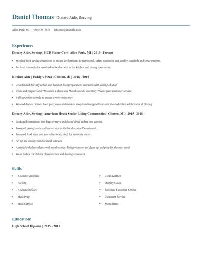 Dietary Aide, Serving Resume