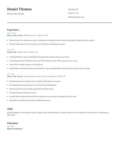 Dietary Aide, Serving Resume