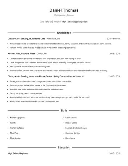 Dietary Aide, Serving Resume