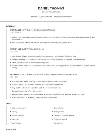 Dietary Aide, Serving Resume