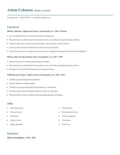 Dietary Assistant Resume