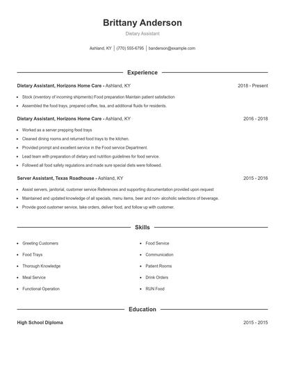 Dietary Assistant Resume