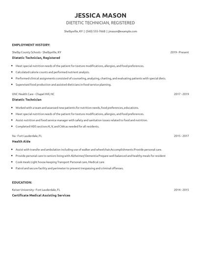 Dietetic Technician, Registered Resume