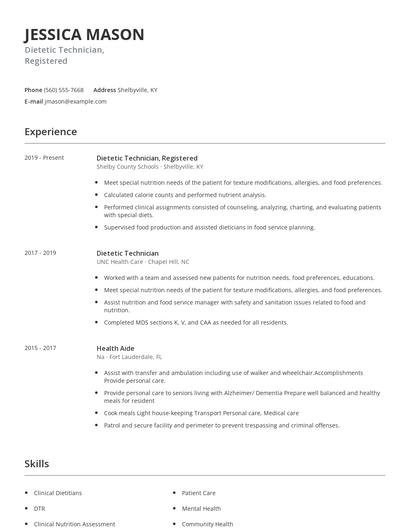 Dietetic Technician, Registered Resume