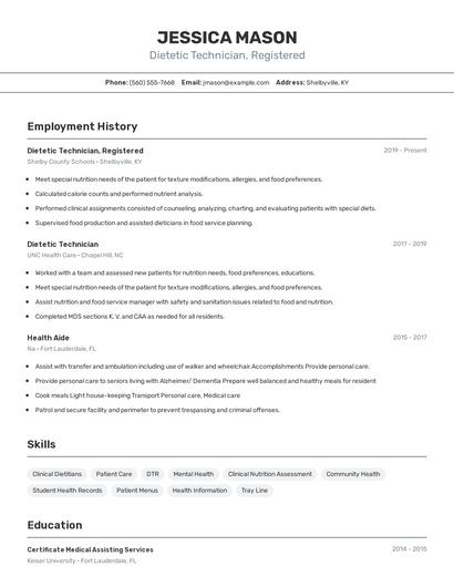 Dietetic Technician, Registered Resume