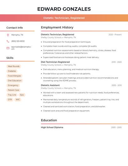 Dietetic Technician, Registered Resume