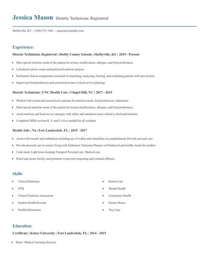 Dietetic Technician, Registered Resume