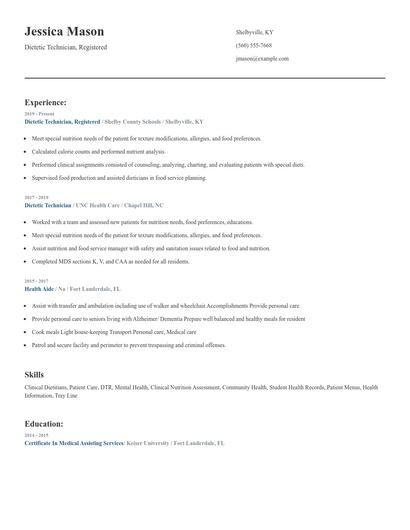 Dietetic Technician, Registered Resume