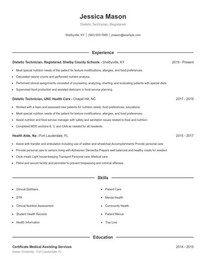 Dietetic Technician, Registered Resume