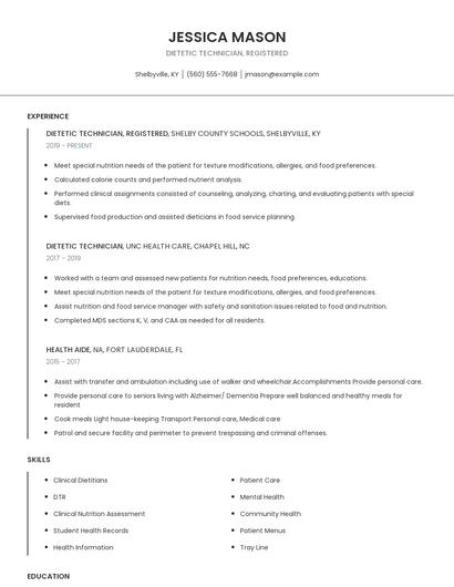 Dietetic Technician, Registered Resume