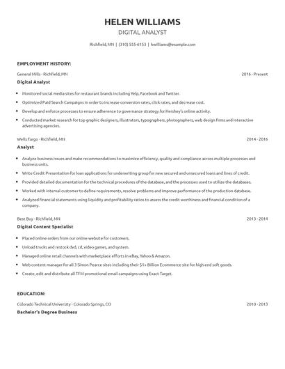 Digital Analyst Resume