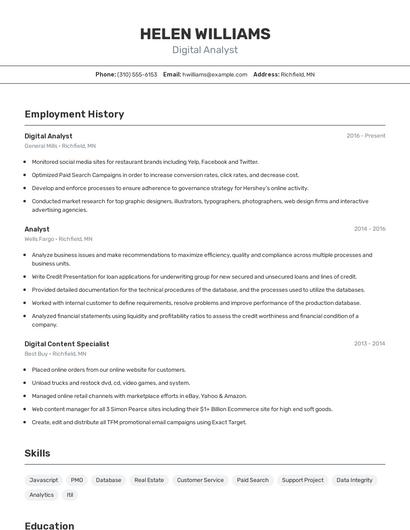 Digital Analyst Resume