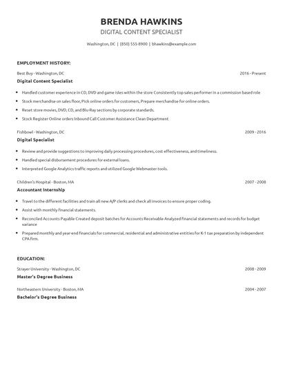 Digital Content Specialist Resume