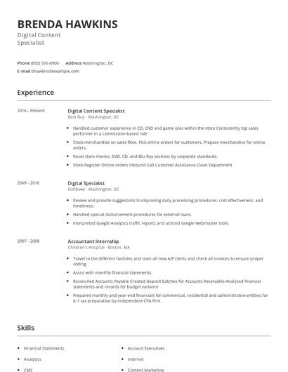 Digital Content Specialist Resume