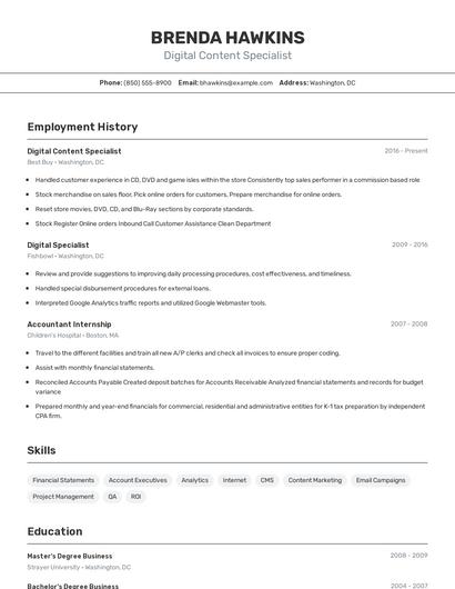 Digital Content Specialist Resume