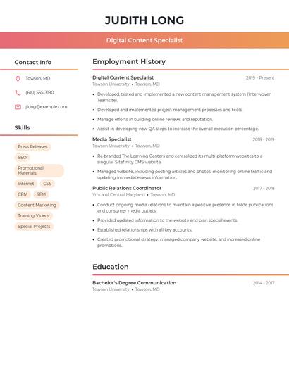 Digital Content Specialist Resume