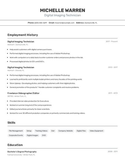 Digital Imaging Technician Resume
