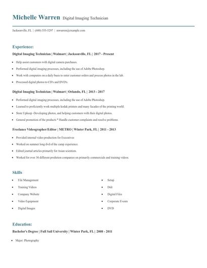 Digital Imaging Technician Resume