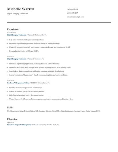 Digital Imaging Technician Resume