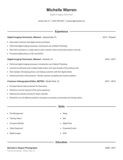 Digital Imaging Technician Resume