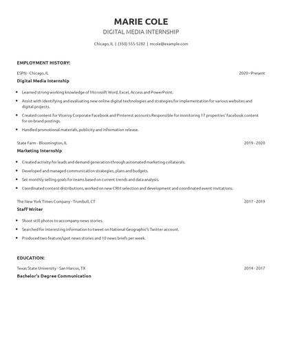 Digital Media Internship Resume