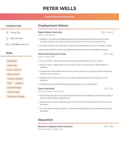Digital Media Internship Resume