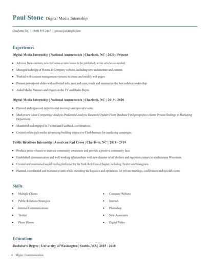 Digital Media Internship Resume