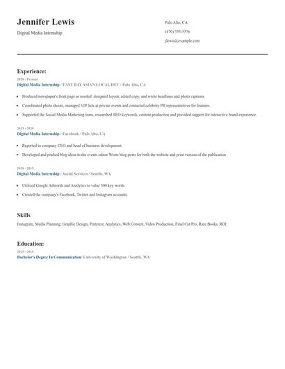 Digital Media Internship Resume