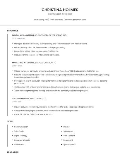 Digital Media Internship Resume