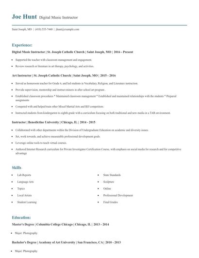 Digital Music Instructor Resume
