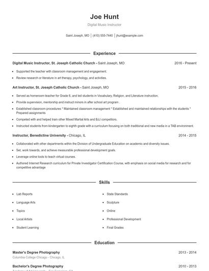 Digital Music Instructor Resume