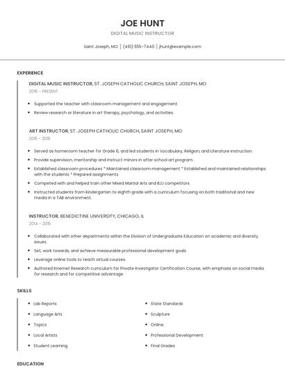 Digital Music Instructor Resume