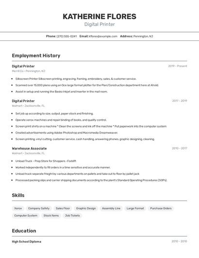 Digital Printer Resume