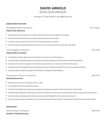 Digital Sales Specialist Resume