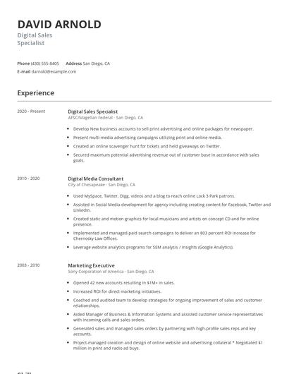 Digital Sales Specialist Resume
