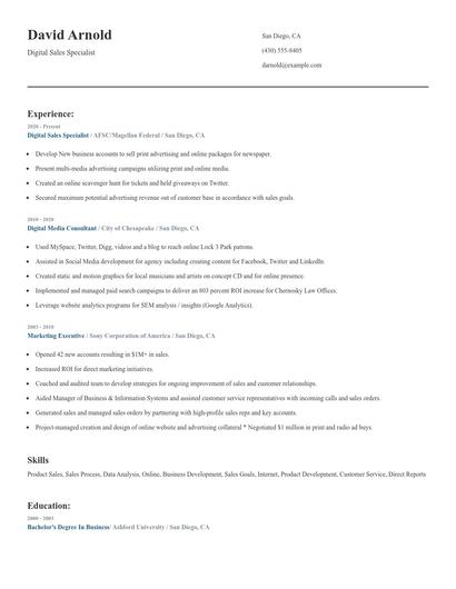 Digital Sales Specialist Resume