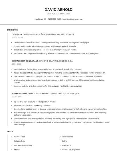 Digital Sales Specialist Resume