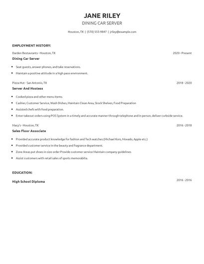 Dining Car Server Resume