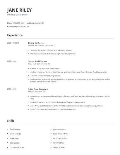 Dining Car Server Resume