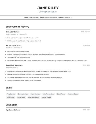 Dining Car Server Resume