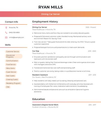 Dining Car Server Resume