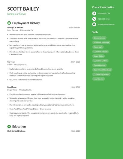 Dining Car Server Resume