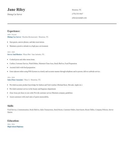 Dining Car Server Resume