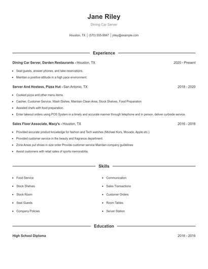 Dining Car Server Resume