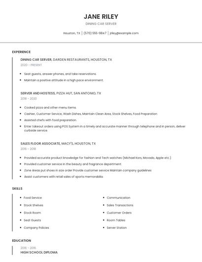 Dining Car Server Resume
