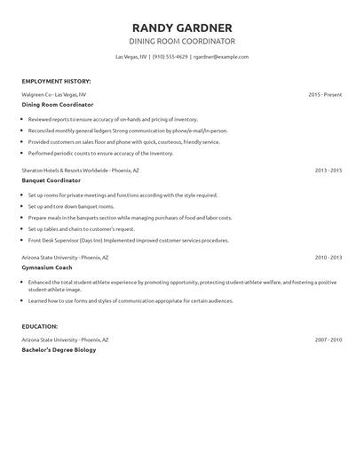 Dining Room Coordinator Resume