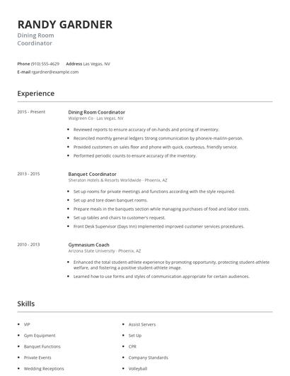 Dining Room Coordinator Resume