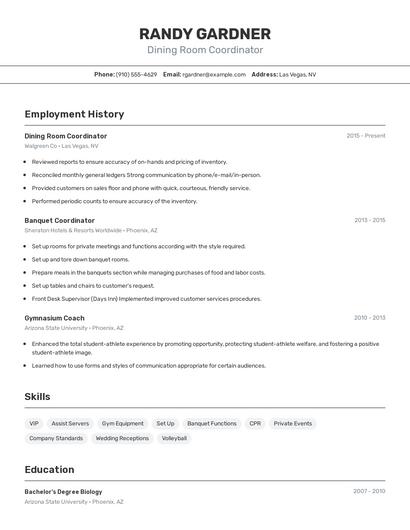 Dining Room Coordinator Resume