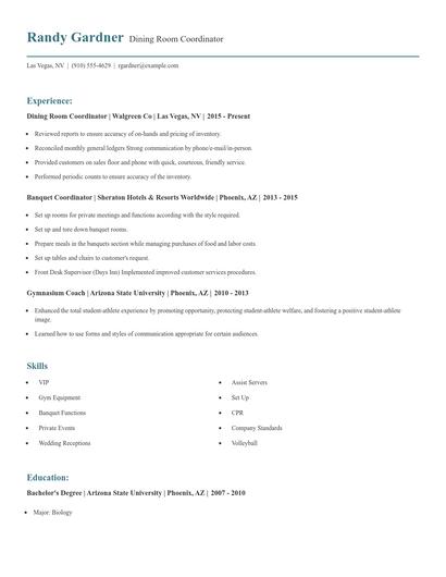 Dining Room Coordinator Resume